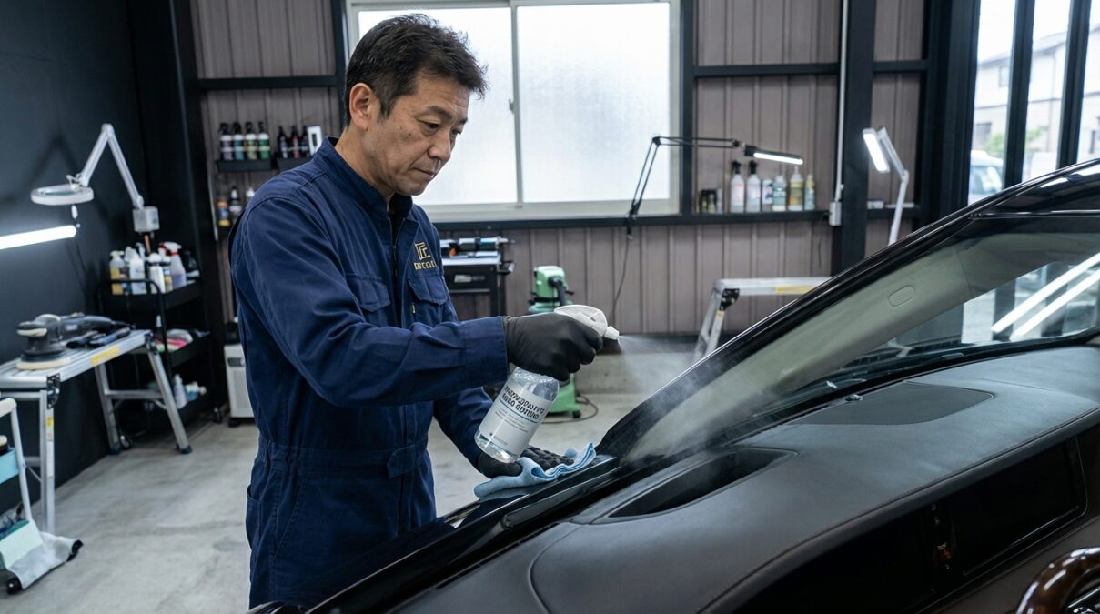 RANZAN BASEでのプロによるカーコーティング施工の様子