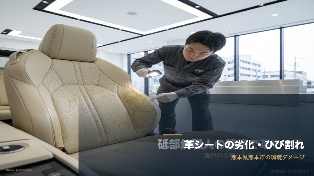 【熊本市】革シートの汗染み・べたつきが取れない原因と再生方法 - アイキャッチ画像