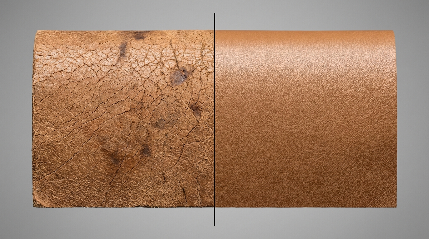 施工前後の革シート比較 — コーティングなしとStarex施工済み