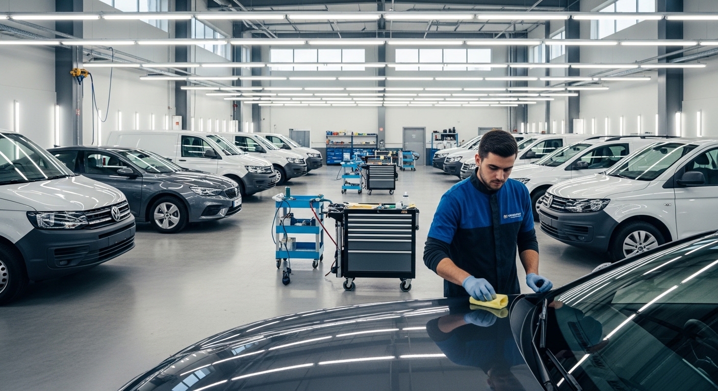 Stax鳥取本店でのフリート車両一括コーティング施工の様子