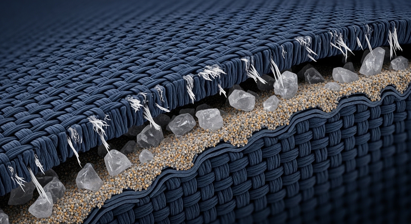 シート繊維に砂粒子が侵入するメカニズムの図解