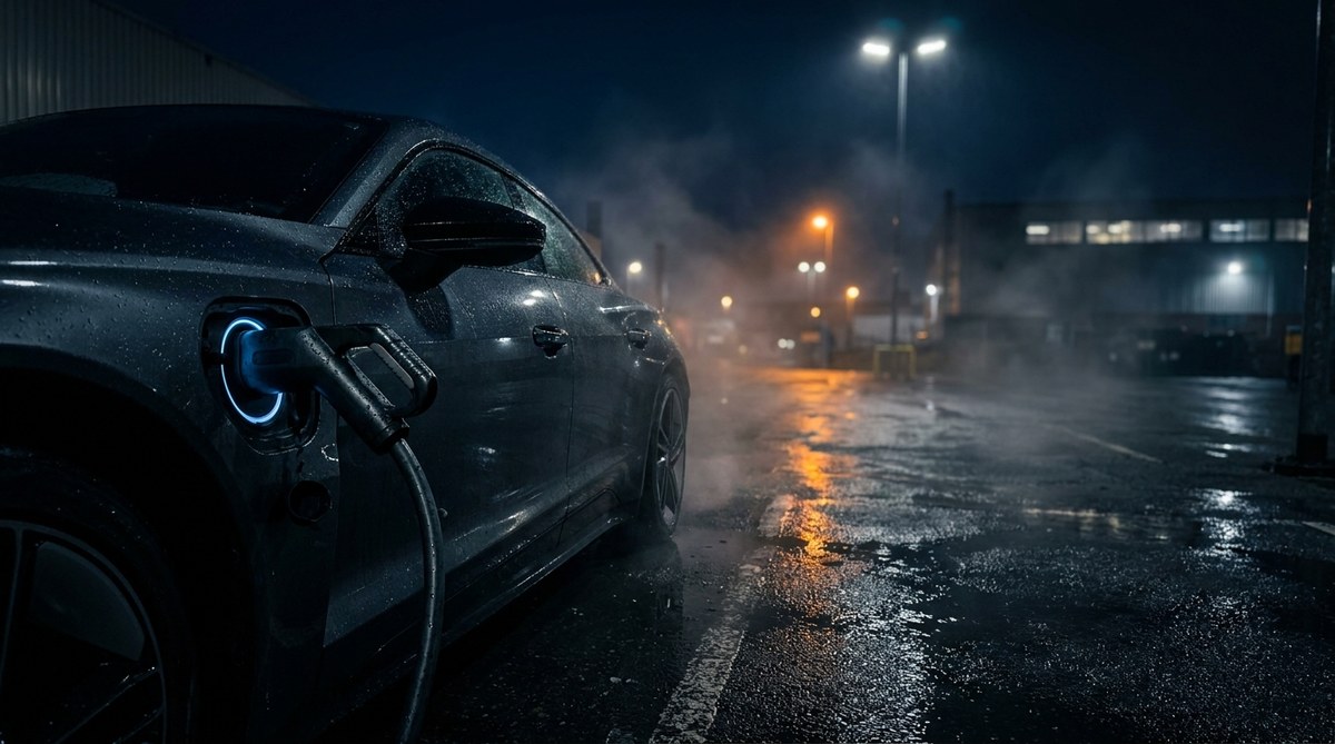 夜の駐車場で EV に挿された充電コネクタ