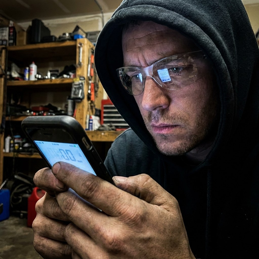 暗い工場でスマホ画面を覗き込む整備士