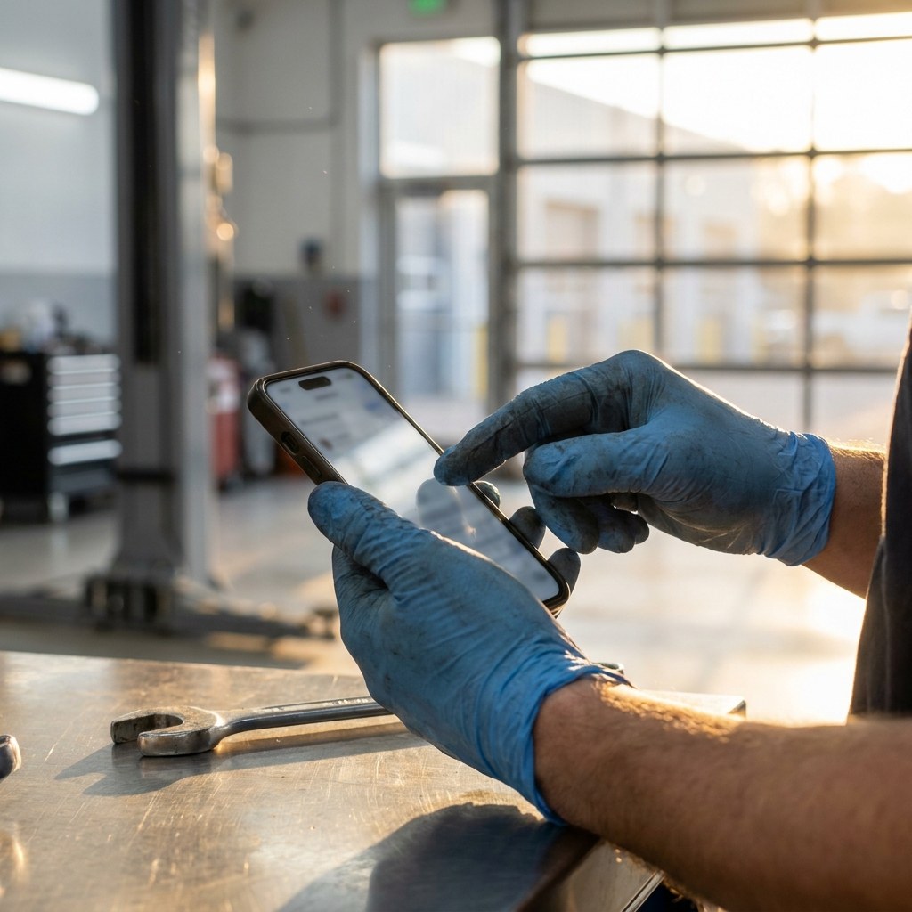 朝の整備工場でスマホをタップする職人の手