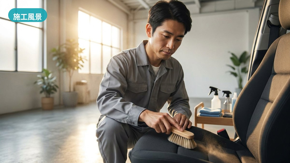 長岡・GarageThanx長岡店で、愛犬を乗せる車のファブリックシートをていねいに施工するスタッフ