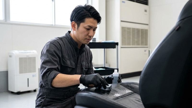 株式会社秋山自動車 施工ブースで Starex 水性レザーコーティングを 福岡 の気候に合わせて丁寧に塗布する様子