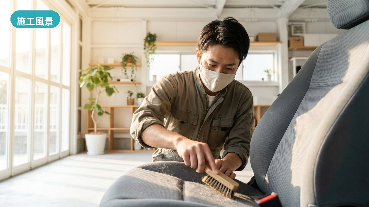 常総市・ART RISEでアウトドア仕様の車の後席とフロアまわりを部位ごとに施工するスタッフ