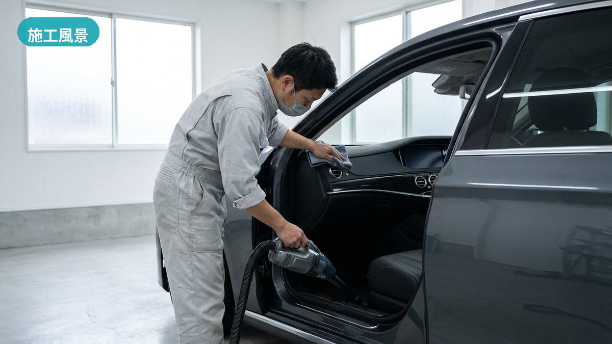 明るい作業場で車内シートの花粉・黄砂汚れを丁寧に除去するGloss上田のスタッフ(上田市・施工風景)