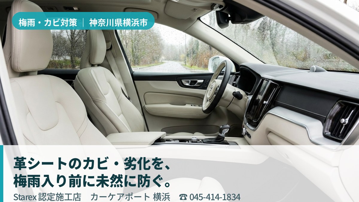 明るい光が差し込む清潔な車内のレザーシート(横浜市都筑区・カーケアポート横浜の施工イメージ)
