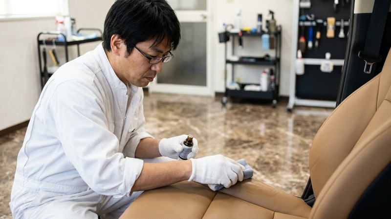 高級ミニバンを 株式会社CDO カーディティリング沖縄 のピットでオーナーが見守りながら Starex 認定施工を受ける様子