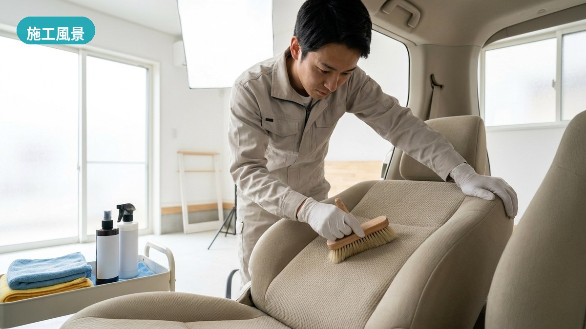 南城市・カーディテイリング沖縄で蒸し暑い気候に合わせて車のシートを部位ごとに施工するスタッフ