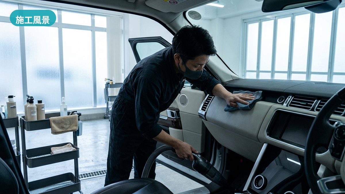 和歌山市・カービューティー・ワカヤマで高級車のシートに入り込んだ微粒子を除去する施工風景