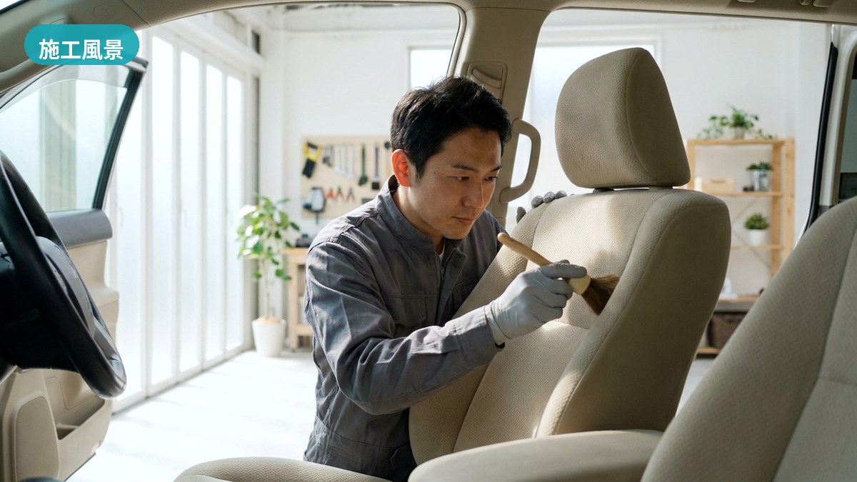 和歌山市・カービューティー・ワカヤマでシニア犬を乗せる車の後席をていねいに施工するスタッフ