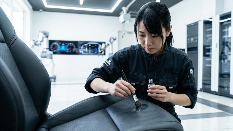 CW-OHTAKI 施工ブースで Starex 水性レザーコーティングを丁寧に塗布する様子