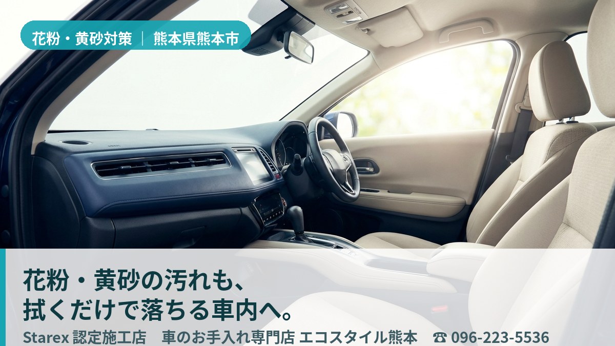 春の微粒子を拭き取り、清潔に保たれた高級車の革シート（熊本市・エコスタイル熊本の施工イメージ）