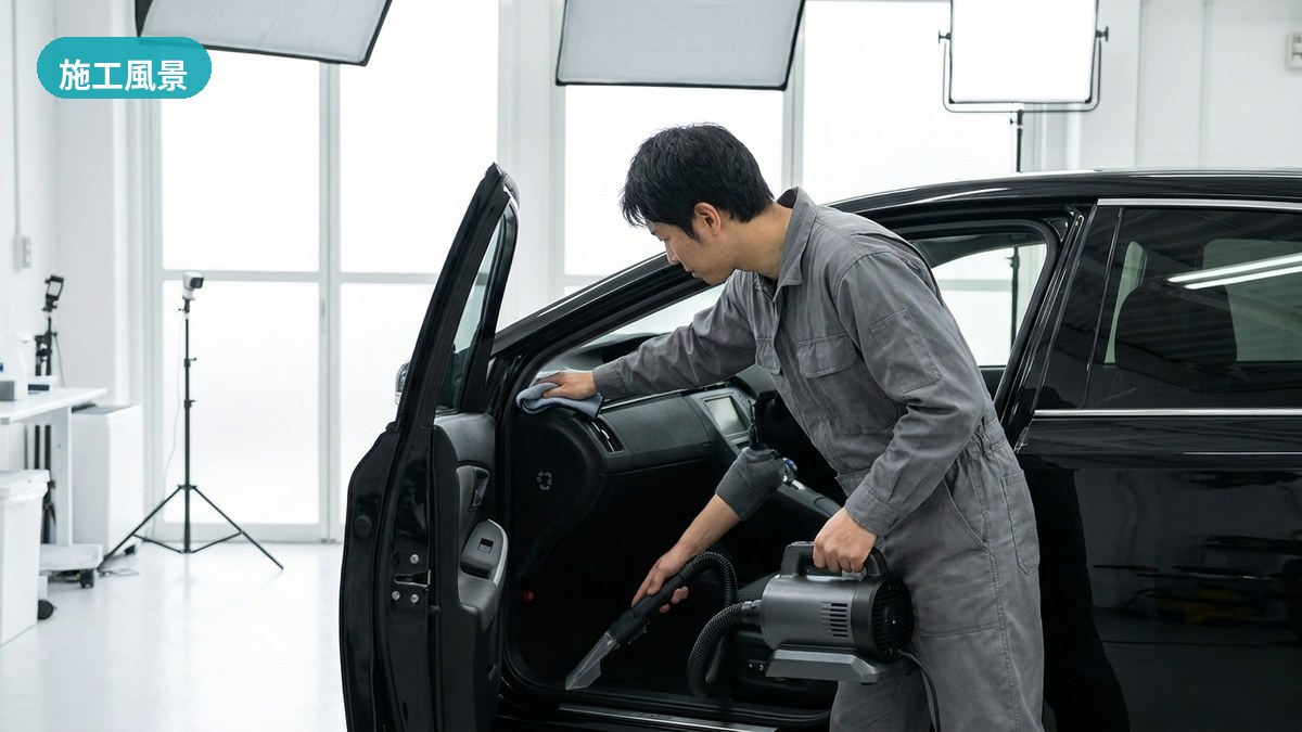 熊本市・エコスタイル熊本で高級車のシートに入り込んだ微粒子を除去する施工風景