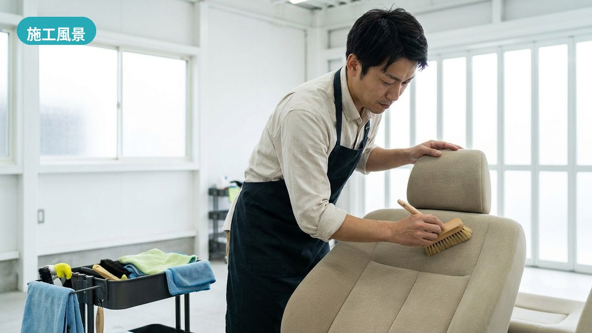 熊本市・エコスタイル熊本で、本革シートを刺激の少ない方法でていねいに整えるスタッフ