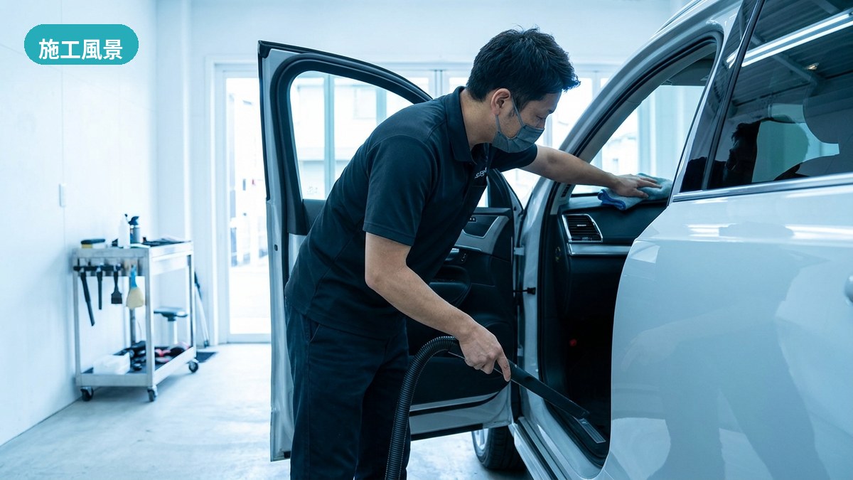 明るい店内で高級車の革シートの微粒子汚れを職人技で丁寧に仕上げるフレッシュカーサービスのスタッフ(砥部町・施工風景)