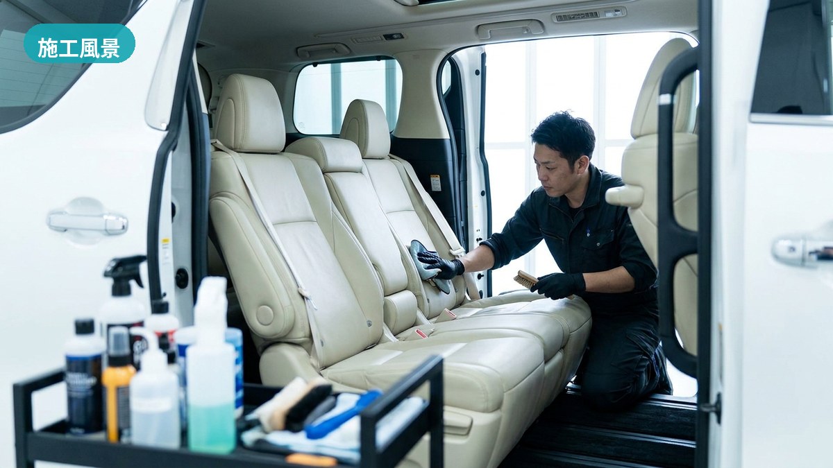 砥部町・フレッシュカーサービスで高級ミニバンの革内装を職人が施工する風景