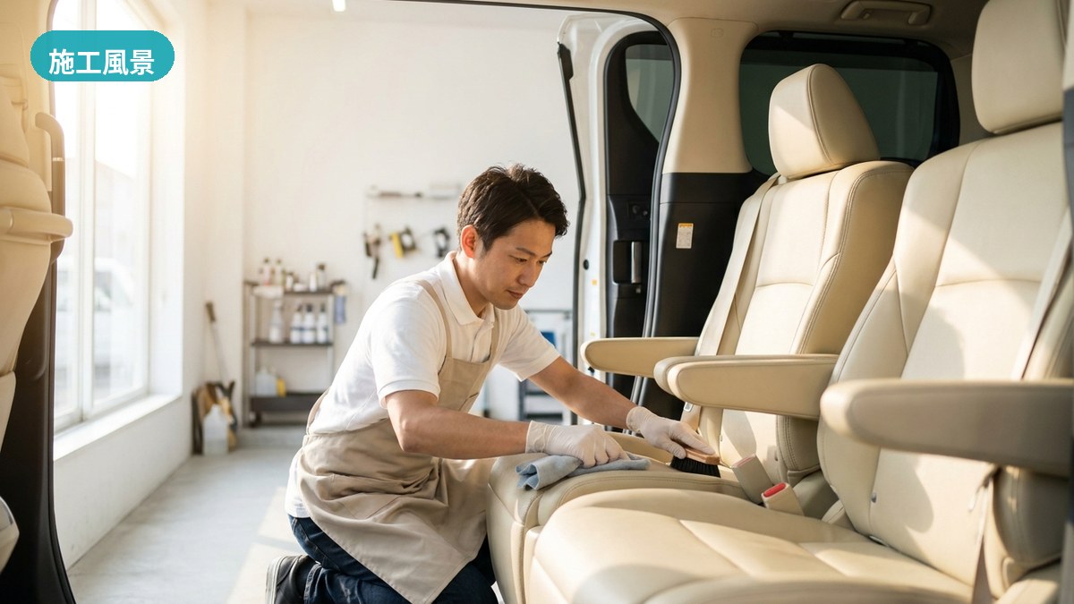 守口市・G.R.A AUTO WORKSで新車ミニバンの広い後席をていねいに施工するスタッフ