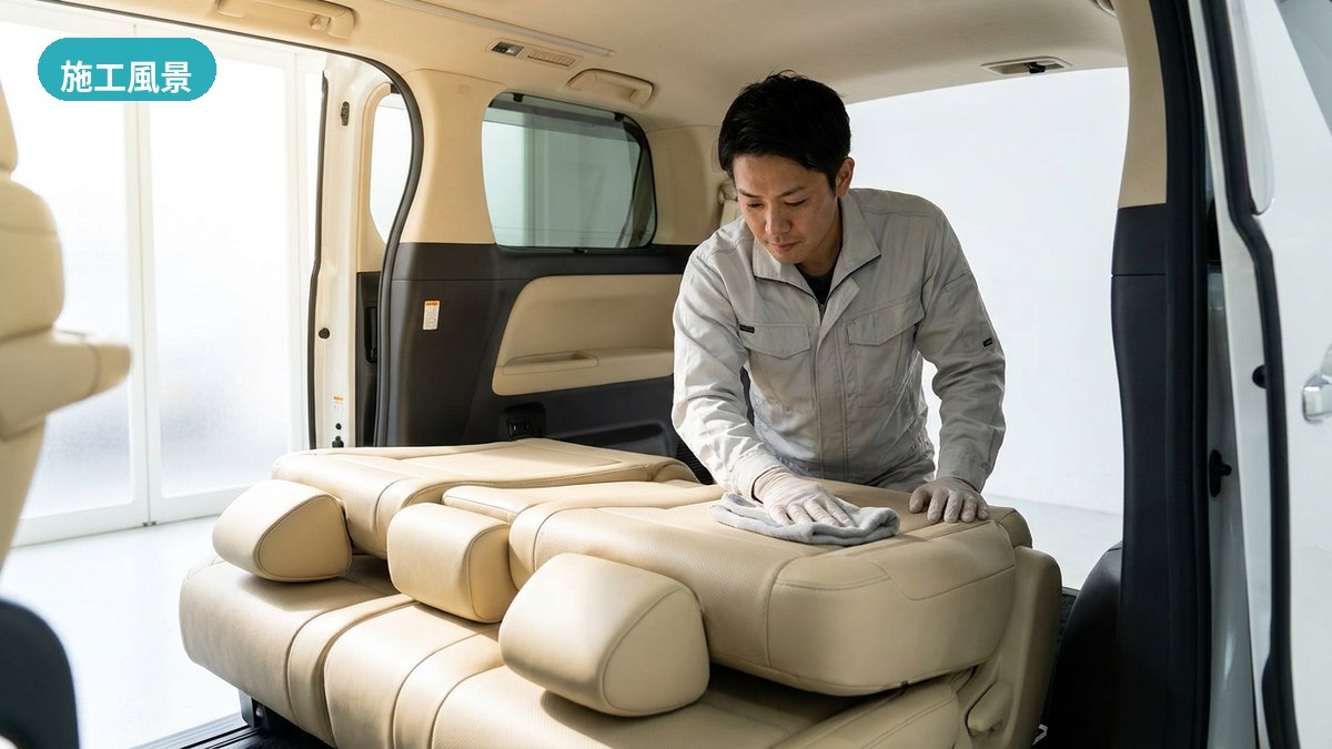 南城市・ガレージハウスでハイエンド車の上質レザーをていねいに施工するスタッフ