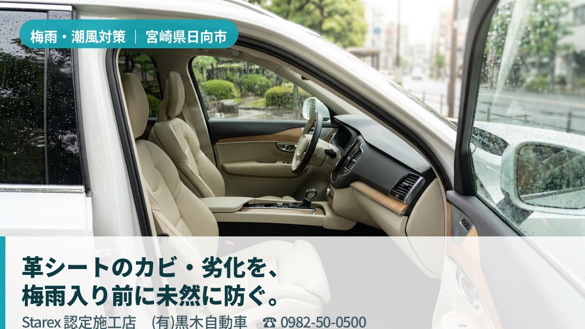 明るい光が差し込む清潔な車内のレザーシート(日向市・(有)黒木自動車のカーエステ施工イメージ)
