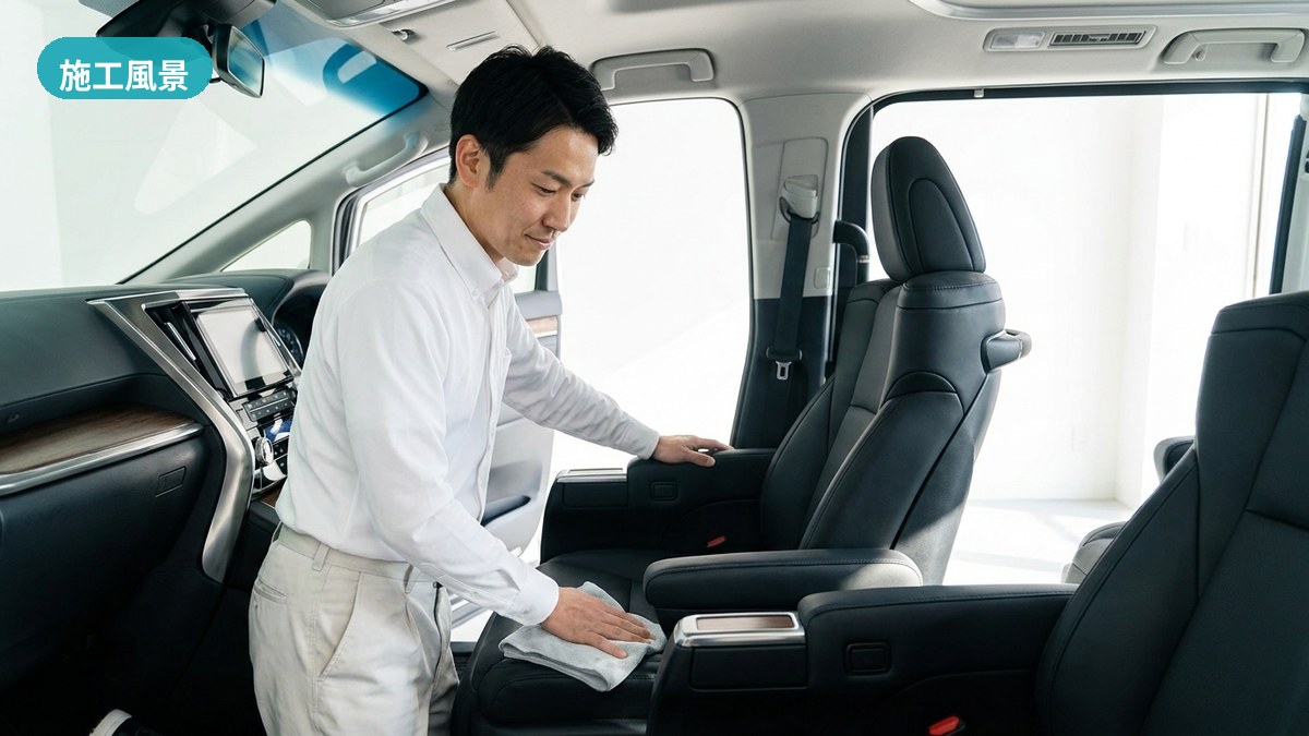 明るい店内で車内シートを丁寧にクリーニングする(有)黒木自動車のスタッフ(日向市・カーエステ専門店の施工風景)