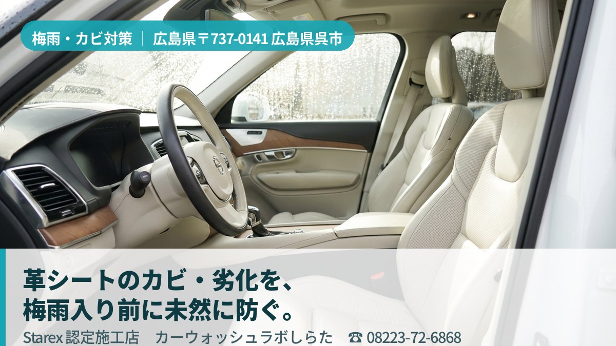 明るい光が差し込む清潔な車内のレザーシート(呉市・カーウォッシュ・ラボしらたの施工イメージ)