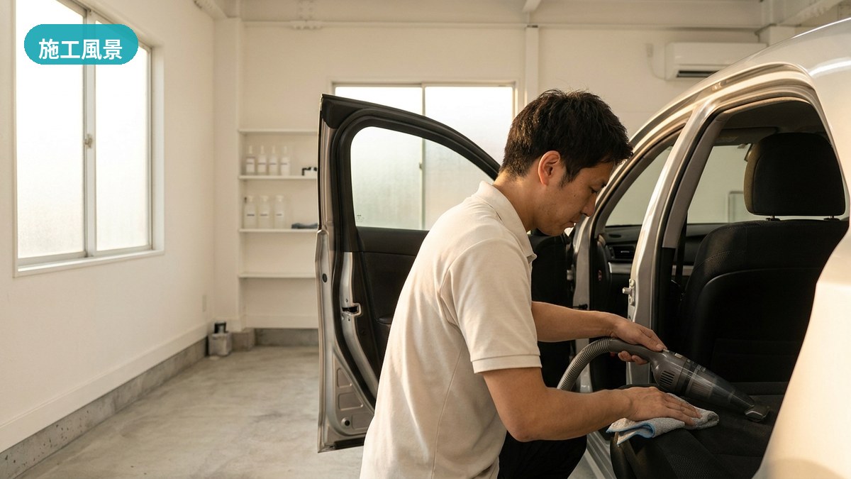 呉市・ラボしらたでミニバンのシートに入り込んだ微粒子と粉じんを除去する施工風景