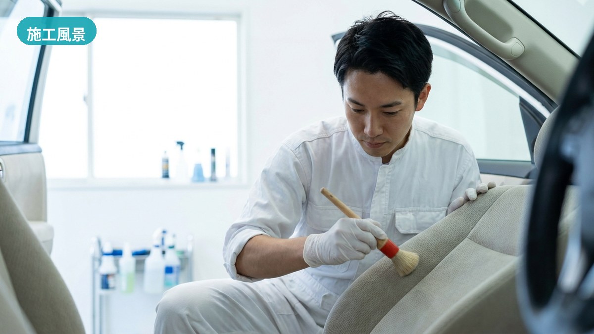 呉市・ラボしらたで車内の汚れる仕組みを説明しながら施工するスタッフ