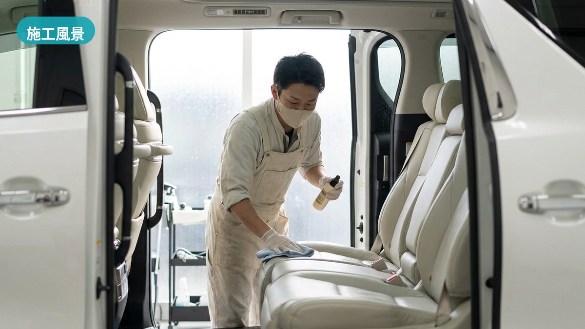 郡山市・満山自動車で高級ミニバンの広い後席をていねいに施工するスタッフ