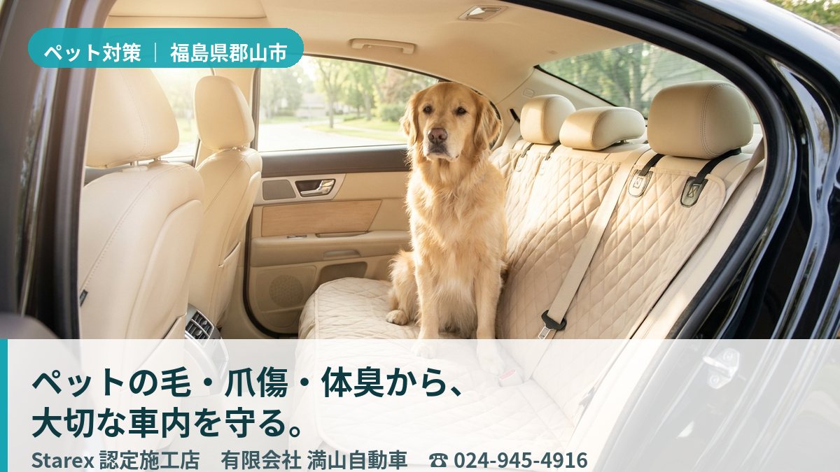 雪の郡山で、清潔に整えられた車内の後席に座る愛犬のイメージ（満山自動車）