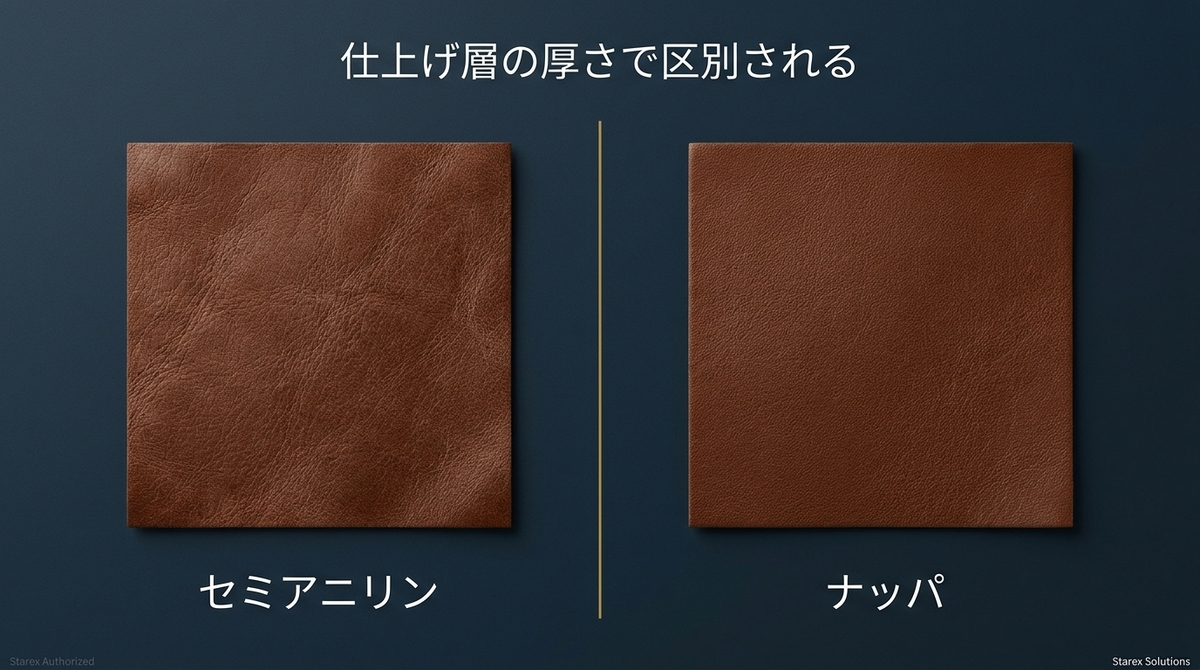 セミアニリンレザーとナッパレザーの仕上げ層の厚さの違い（左：セミアニリン／右：ナッパ）