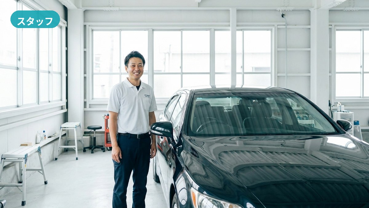 長岡市・GarageThanx長岡店で車内を点検しながら相談を受けるスタッフ