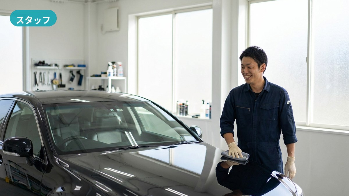 堺市美原区・カーメイクアートプロで車内シートの状態を確認しながら作業するスタッフ
