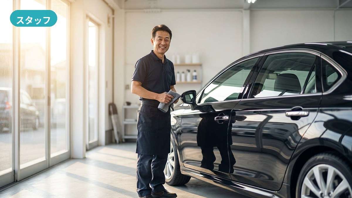 南城市・カーディテイリング沖縄で島の車の内装をていねいに施工するスタッフ