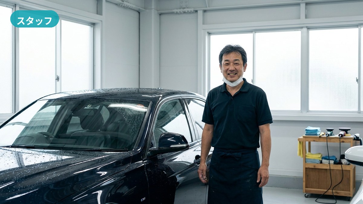CW-OHTAKI 代表の大滝が、車内を一台ずつていねいに施工する様子(行田市)