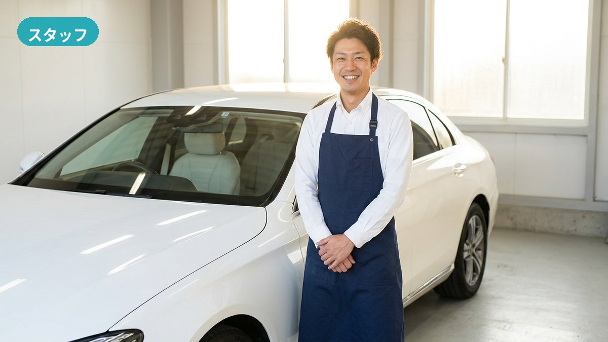 砥部・フレッシュカーサービスで地元のお客さまの車内をていねいに確認するスタッフ