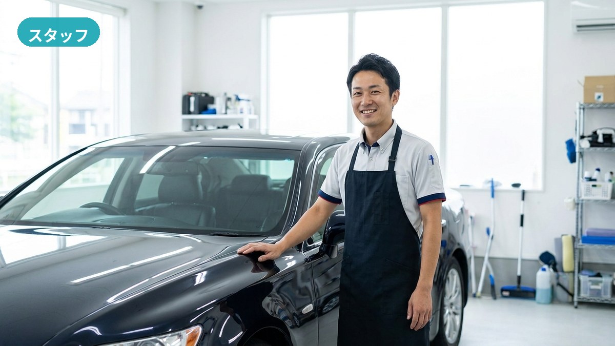 守口・G.R.A AUTO WORKSで愛車のこだわりを聞きながら内装を確認するスタッフ