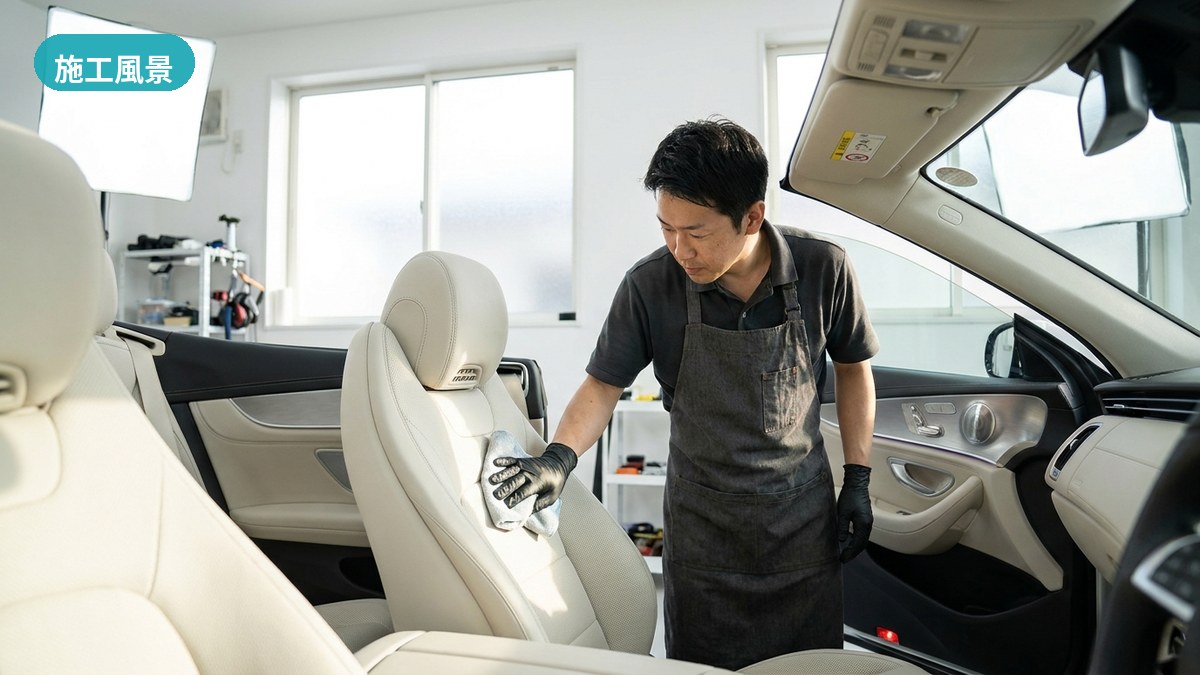 守口・G.R.A AUTO WORKSで排気・粉じんや蓄熱の影響を確認しながら愛車の内装を診るスタッフ