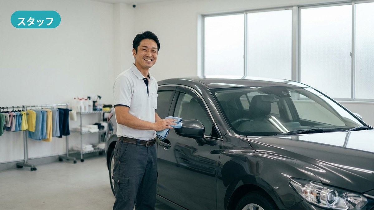 南城市・ガレージハウスでお客さまの要望を聞きながら車内をていねいに施工するスタッフ