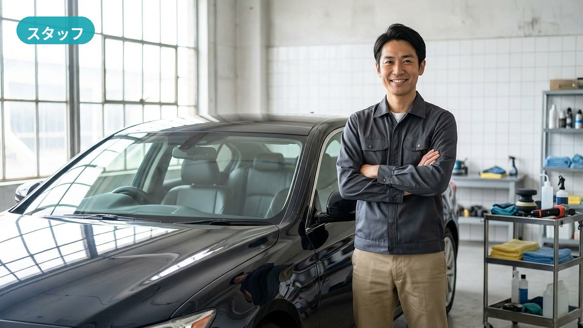 日向市・黒木自動車で整備の目線を踏まえて車内をていねいに施工するスタッフ