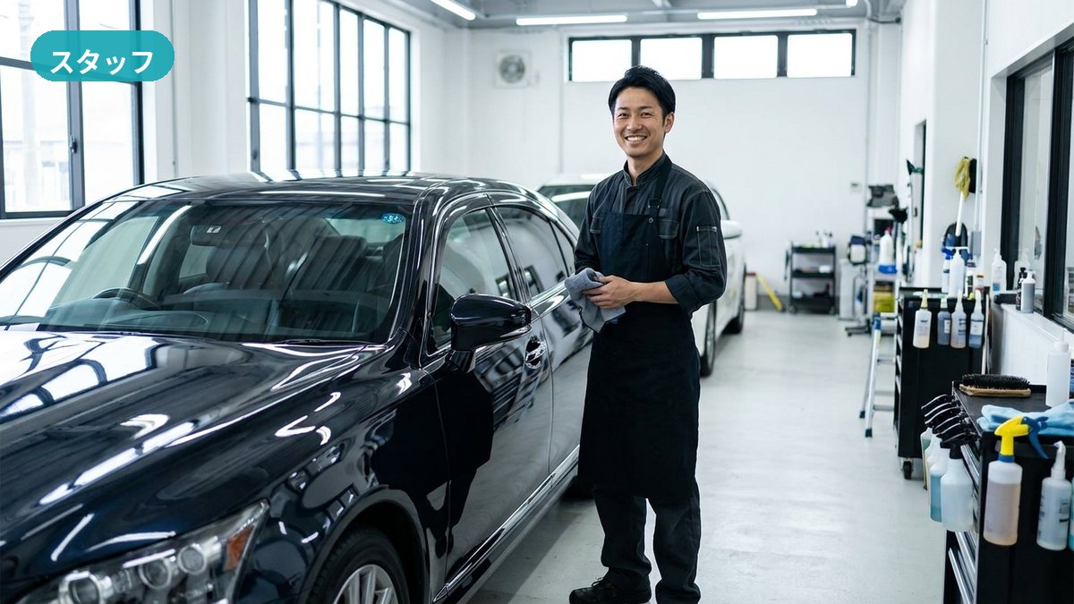 呉市・カーウォッシュラボしらたで施工の仕組みをお客さまに分かりやすく説明するスタッフ