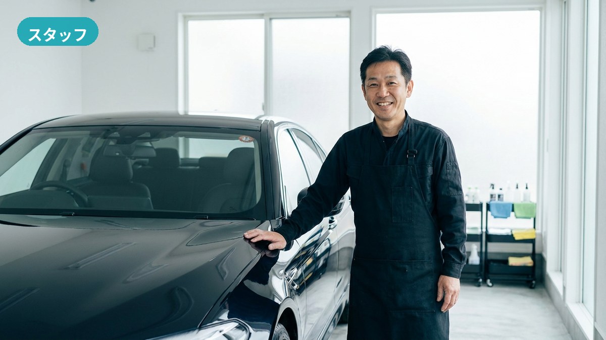 郡山市・満山自動車で車の状態を確認しながら内装ケアを相談するスタッフ