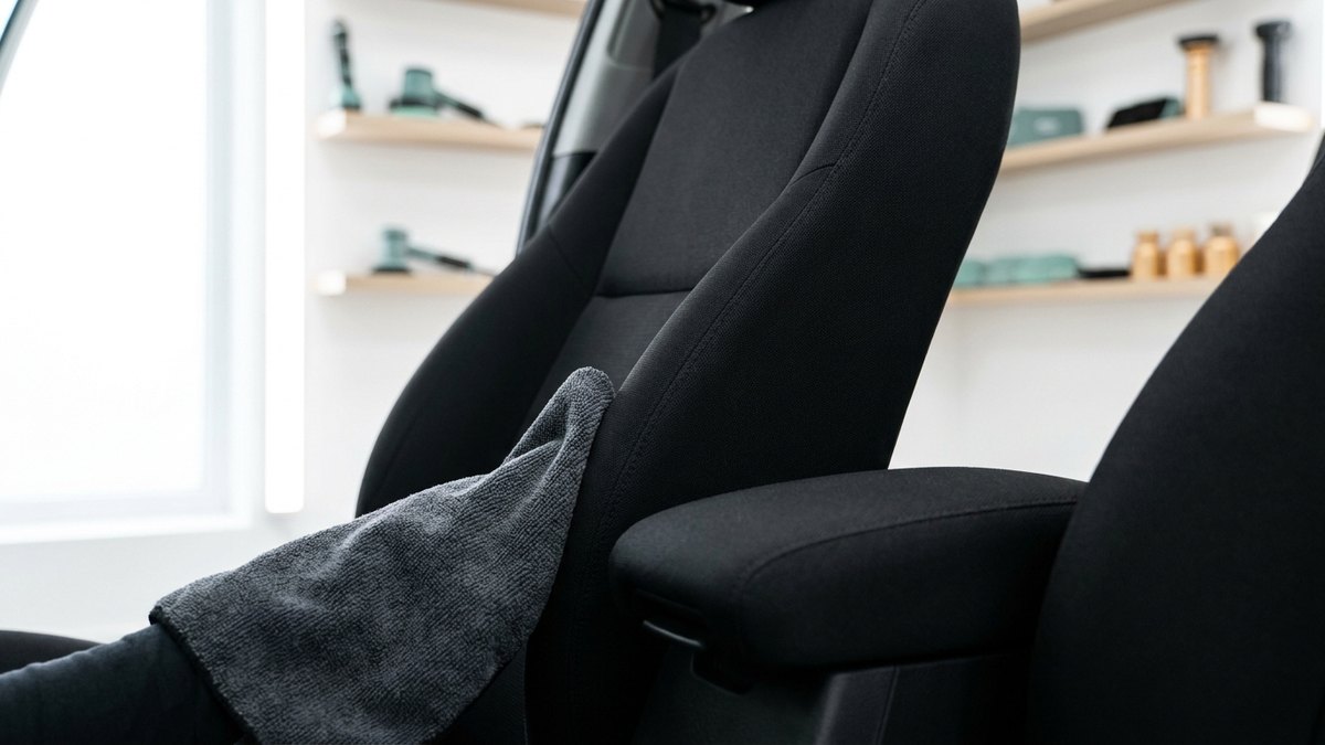 プロが運転席まわりのシートとアームレストを専用機材で洗浄する様子