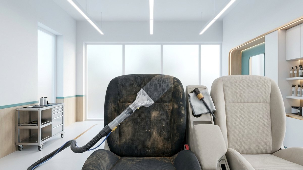 SUVのファブリックシート全体の泥汚れを専用機材で洗浄している車内クリーニングの様子