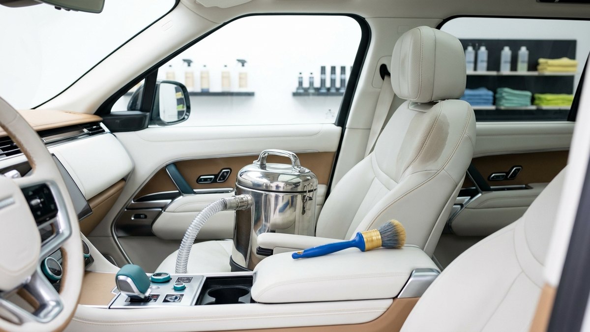 SUVのヘッドレストとアームレストを専用機材で洗浄している車内クリーニングの様子