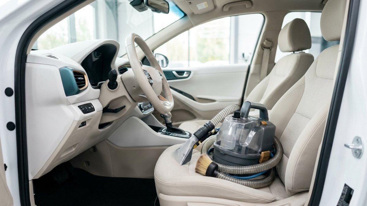 運転席まわりのファブリックシートを専用機材で洗浄する車内クリーニングの様子