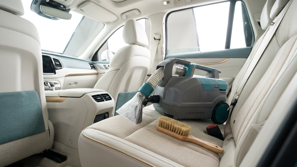 チャイルドシート設置面とベルト周りを専用機材で洗浄する車内クリーニングの様子