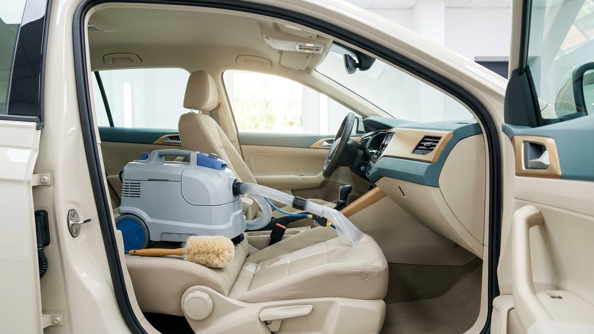 ファブリックシート全体を専用機材で洗浄し砂や塩分を洗い流す車内クリーニングの様子